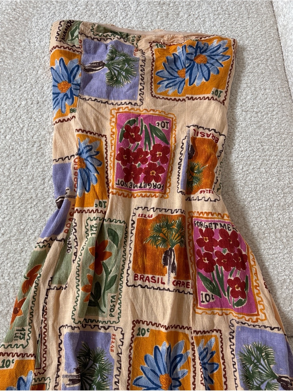 Strapless Maxi Dress with Floral Stamp Print - Beige Multi